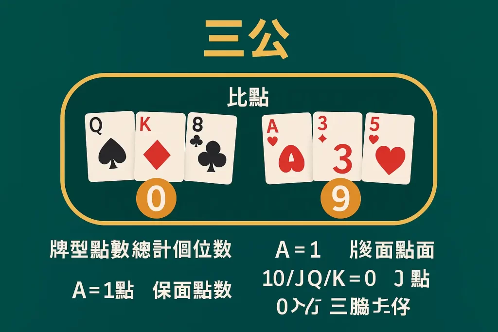 三公遊戲發牌與點數計算示意圖