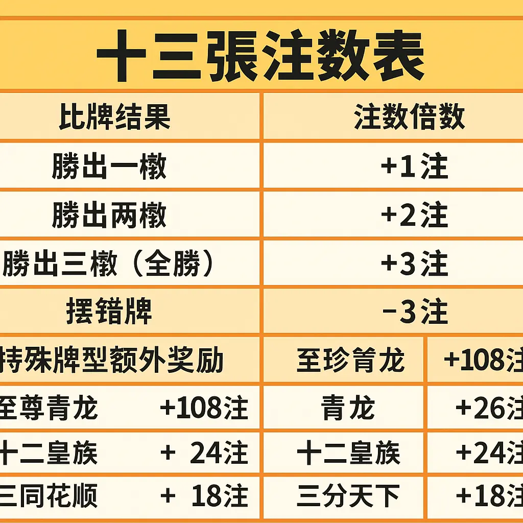 十三張撲克注數表與獎勵圖