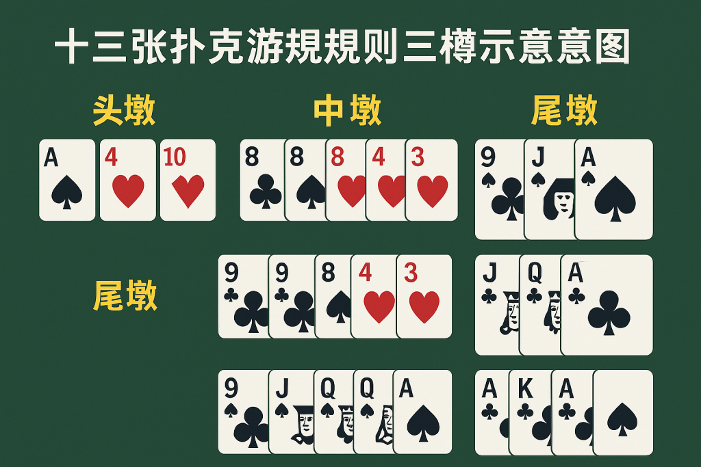 十三張撲克遊戲規則與三墩示意圖