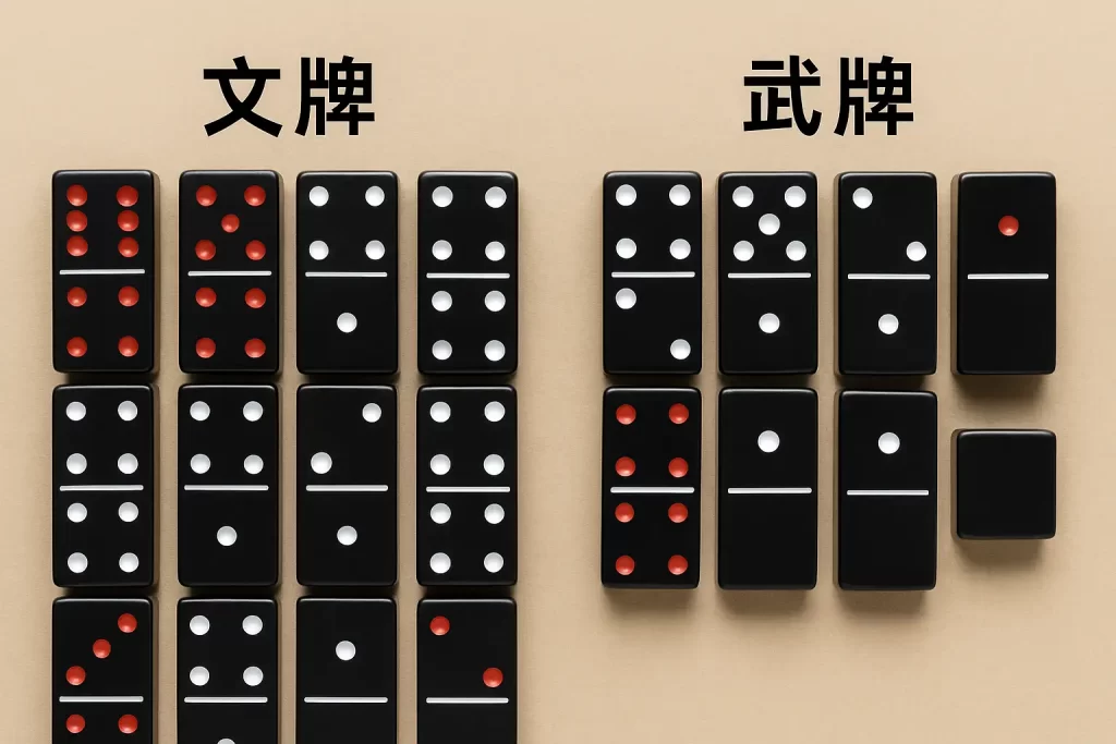 牌九骨牌示意圖，展示文牌與武牌牌型
