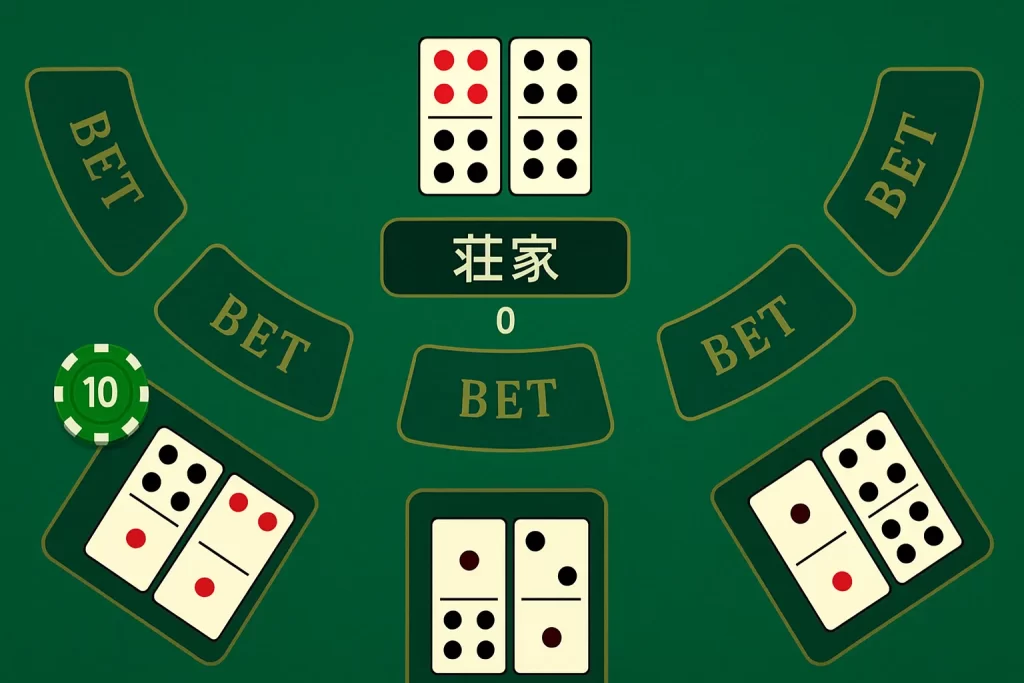 線上娛樂城牌九遊戲畫面，顯示發牌與比牌流程
